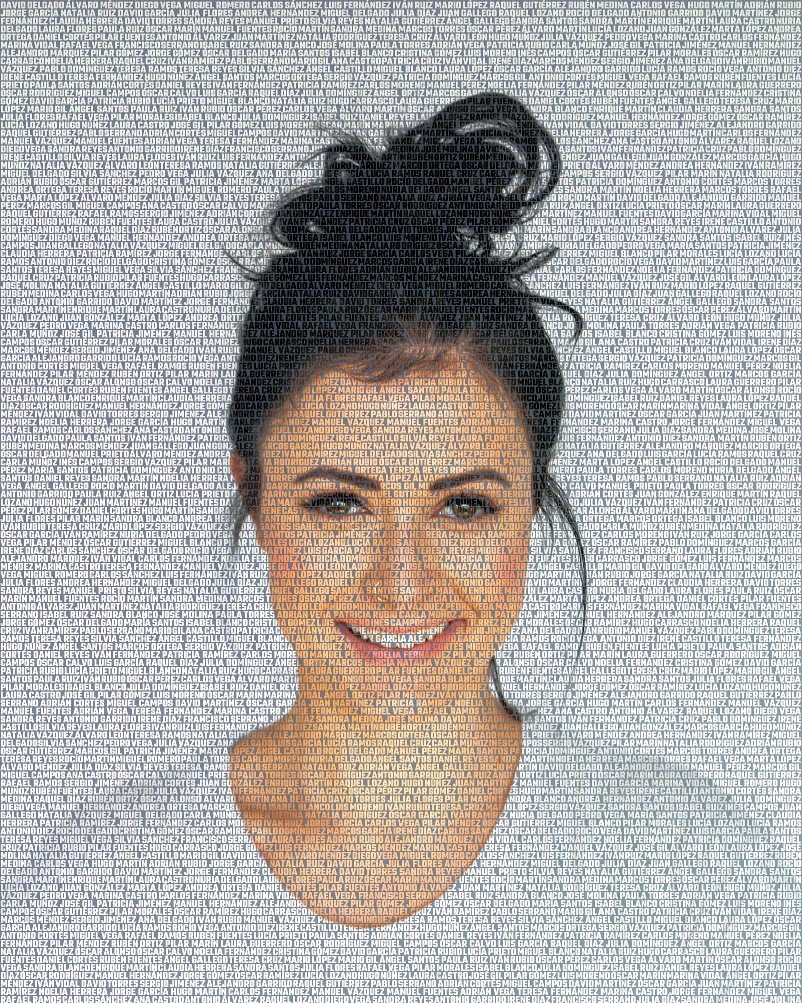 A bride’s face drawn with names from Spain