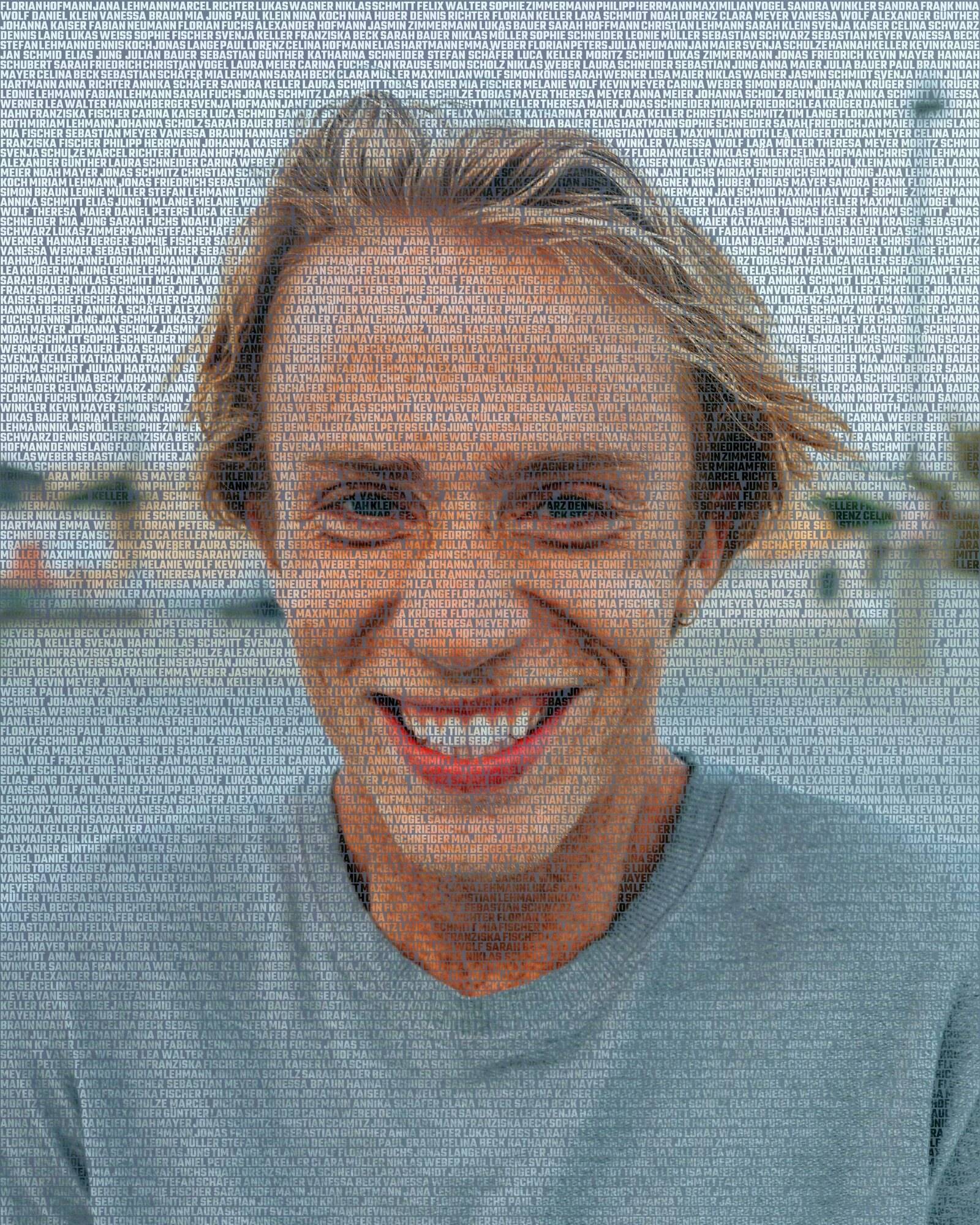 A groom’s face drawn with names from Germany