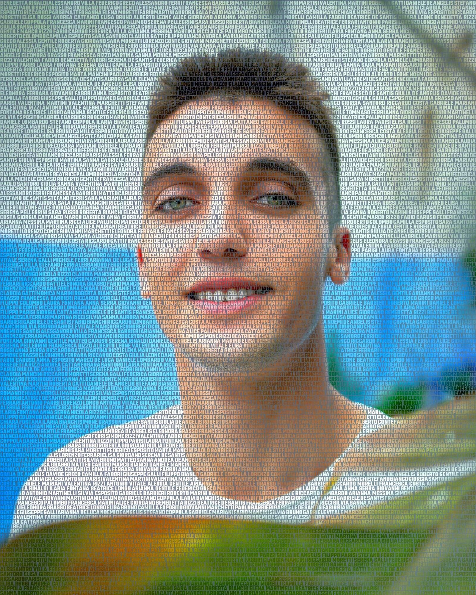 A groom’s face drawn with names from Italy