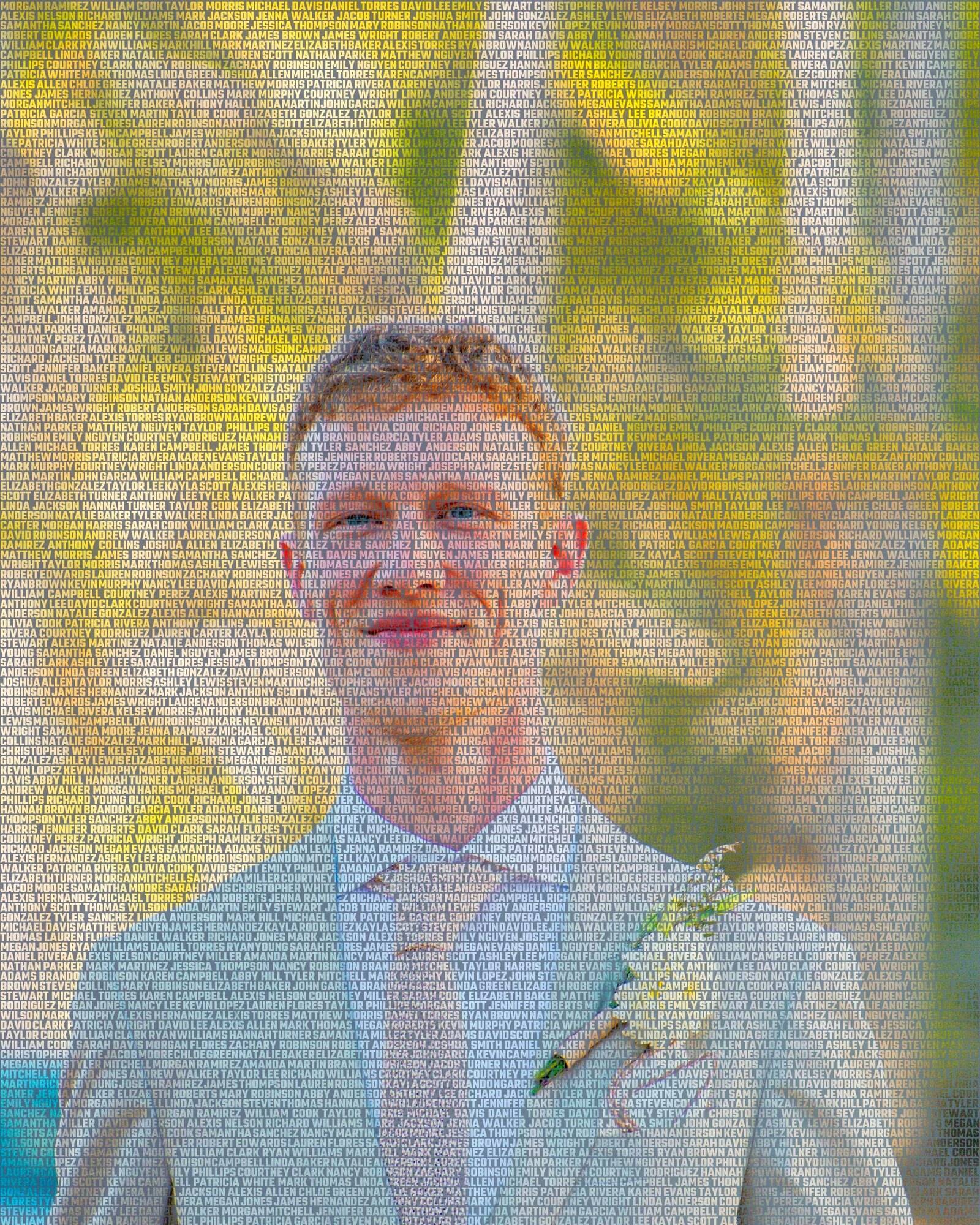 A groom’s face drawn with names from the United States